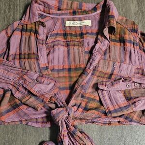 We The Free Pink Plaid Tie-Front Button-Up Shirt